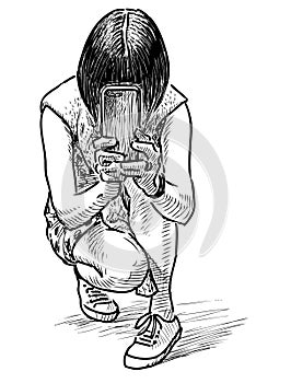 Sketch of tourist girl crouched and take picture on her smartphone