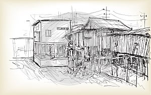 Sketch of townscape in Phnom Penh slum wood house, free hand photo