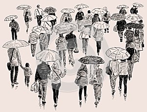 Sketch of the townspeople walking in the rain