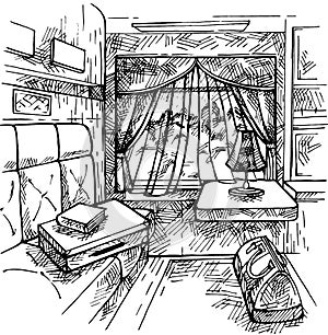 Sketch Train interior.  Travelling inside a luxurious vintage train carriage, window view.