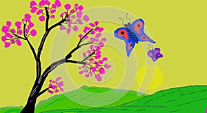 Sketch Of Tree With Pink Flowers,And Butterfly, Green Grass, On Sunrise Background.