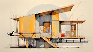 Sketch Of Tropical Modern House With Yellow Roof photo