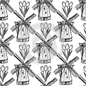 Sketch tulip and windmill, vector seamless pattern