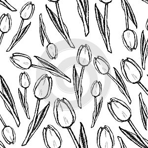 Sketch tulips, vintage seamless pattern