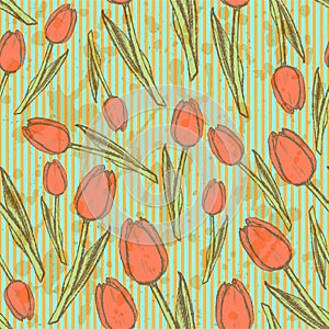 Sketch tulips, vintage seamless pattern