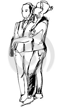 Sketch two girls in pantaloons cost communicate