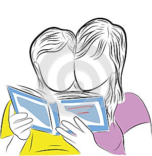 Sketch two girls are reading a book. vector illustration.