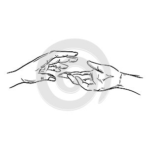 Sketch of two human hands reaching towards each other in close-up. Outline graphic elements. Monochrome concept for Valentine Day