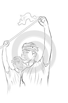 sketch of two male activists voicing enthusiasm, raising their hands and waving a white flag photo