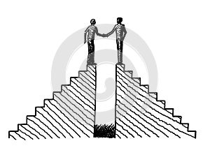 Sketch Of Two Men Shaking Hands Atop Staircases