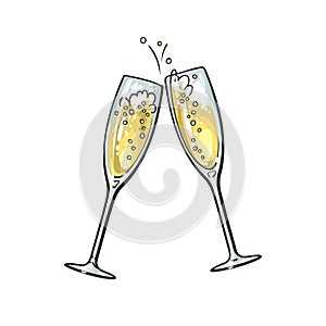 Sketch of two sparkling glasses of champagne. Merry Christmas, Happy New Year and Valentines Day design element. Hand