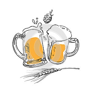 Sketch of two toasting beer mugs, barley or wheat ear and hop cone. Vector illustration