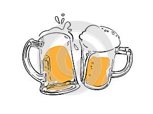 Sketch of two toasting beer mugs. Cheers. Clinking glass tankards. Hand drawn vector illustration.