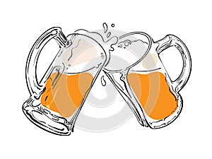Sketch of two toasting beer mugs. Cheers. Hand drawn vector illustration isolated on white background