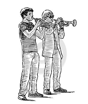 Sketch of two young trumpeters playing on the street