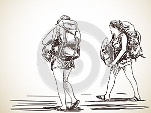 Sketch of two young women walking with backpack, Hand drawn