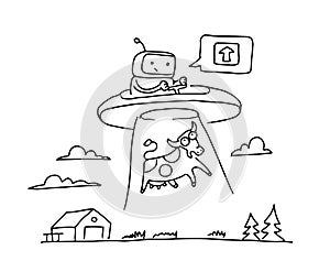 Sketch UFO steal a cow. Robot alien character. 404 error not page. On flying saucer. Hand drawn black line vector