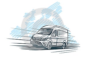 Sketch of van in front of european map sketch. Vector.