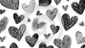 Sketch of various black and white hearts in different sizes and styles