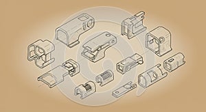 Sketch of various mechanical components on a beige background. The components