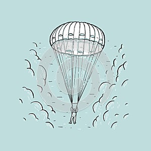 Sketch vector color illustration with hand drawn skydiver flying with a parachute. Paragliding in sky