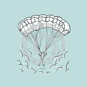 Sketch vector color illustration with hand drawn skydiver flying with a parachute. Paragliding in sky