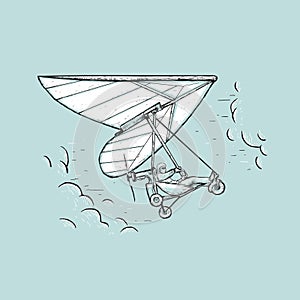 Sketch vector color illustration with man flying on hang glider and clouds.