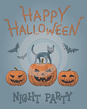 Sketch vector for Halloween - pumpkin, cat and bat