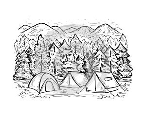 Sketch vector landscape with coniferous forest, tents, mountains
