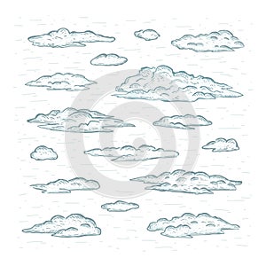 Sketch vector set of hand drawn  blue clouds isolated on white background