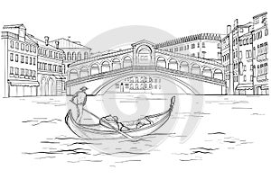 Sketch of Venetian gondola with gondolier, Realto bridge. Black and white