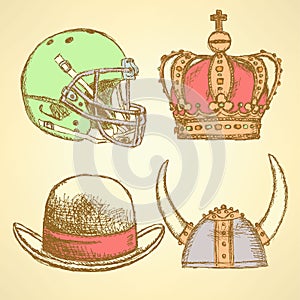 Sketch viking helmet, crown, football helmet and hat