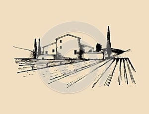 Sketch of villa, peasants house in fields. Vector rural landscape illustration. Hand drawn mediterranean homestead.