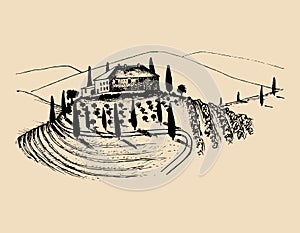 Sketch of villa, peasants house in fields. Vector rural landscape illustration. Hand drawn mediterranean homestead.