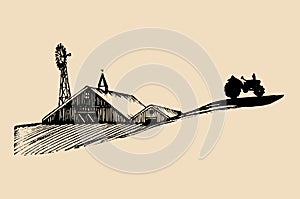 Sketch of village barn, tractor and windmill. Vector rural landscape illustration. Hand drawn agricultural homestead.