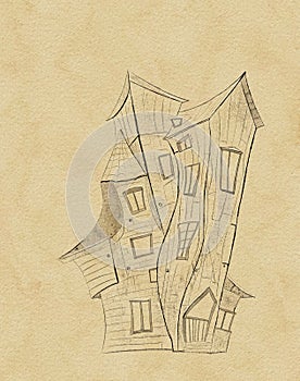 sketch on vintage paper of an old wooden crooked house