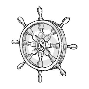 Sketch of vintage ship steering wheel, boat rudder