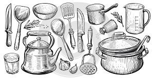 Set of kitchen utensils for cooking. Sketch vintage vector illustration for restaurant or diner menu