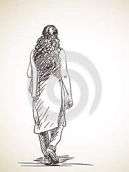 Sketch of walking woman in salwar kameez, Hand drawn photo