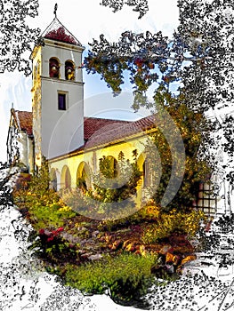 Sketch,watercolor, California mission style church with bell tower, arch & clay tile roof