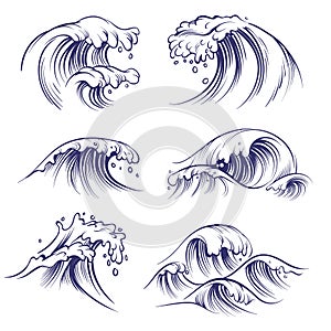 Sketch wave. Ocean sea waves splash. Hand drawn surfing storm wind water doodle vector collection