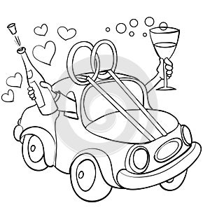 sketch, wedding car with two wedding rings on top and hands sticking out of the windows with a bottle of champagne and a glass,