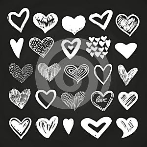 Sketch white vector hearts set on blackboard
