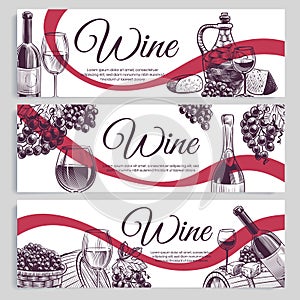 Sketch wine banners. Classic alcoholic drink bottles and wineglasses, grapes. Promotion winery and vineyard hand drawn