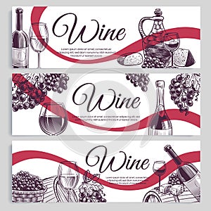 Sketch wine banners. Classic alcoholic drink bottles and wineglasses, grapes. Promotion winery and vineyard hand drawn photo