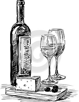 Sketch of wine bottle, two wine glasses, cheese and olives