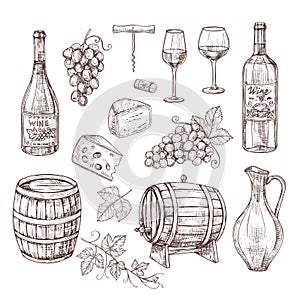 Sketch wine set. Grape, wine bottles and wineglass, barrel. Hand drawn vintage alcoholic beverages vector set photo