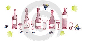 Sketch wine set. Grape, wine bottles and wineglass, barrel