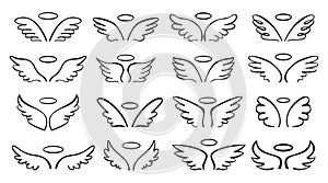 Sketch wing. Pair of angel wings with halo. Cute wide open angelic wing doodle, flying bird feathers outline tattoo