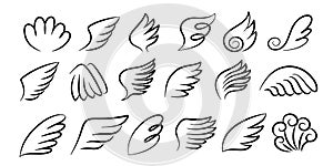 Sketch wings pair. Hand drawn angel wings ink sketch, cartoon bird wings silhouettes. Vector feathered wing set photo